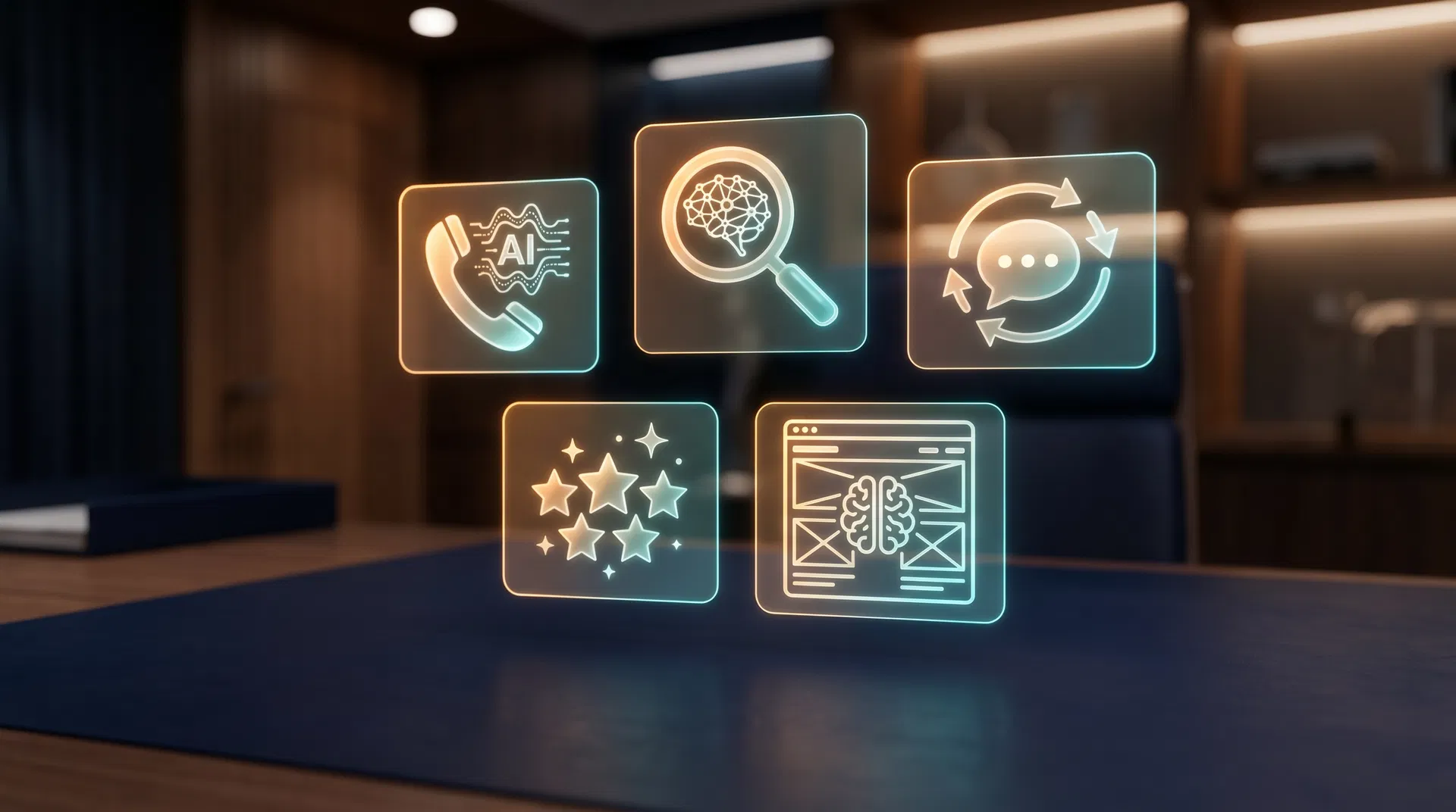 Five glowing holographic AI system icons floating above a business desk representing phone agent, search, automation, reviews, and website