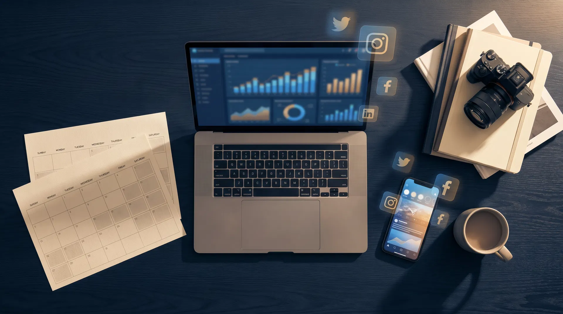 Overhead view of a modern workspace with laptop showing analytics, content calendar, camera, and social media icons representing a content marketing strategy