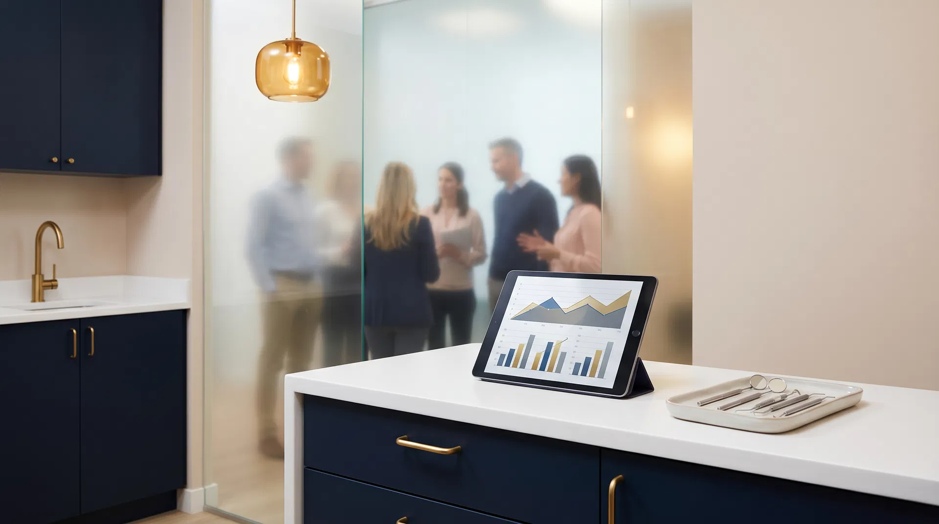 Modern dental office reception with tablet showing team performance charts, dental instruments, and team huddle visible through frosted glass