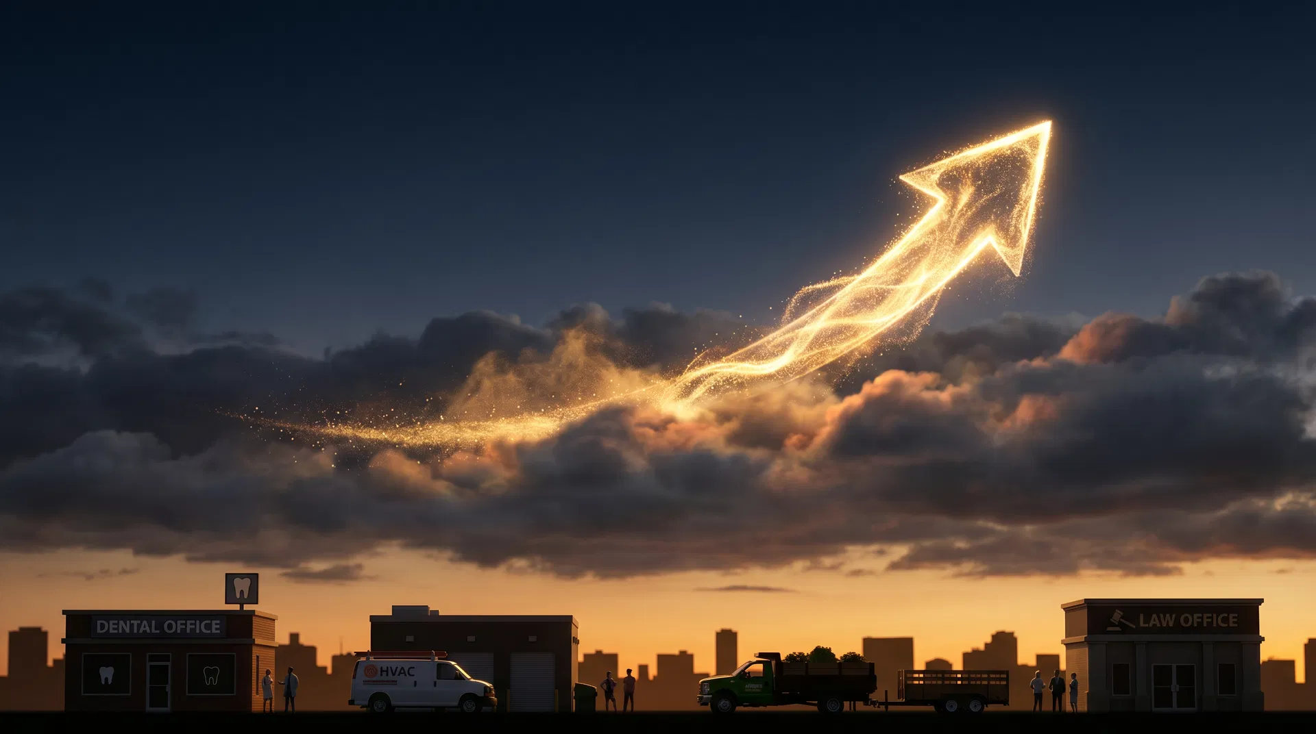 Golden light arrow rising from service business silhouettes breaking through clouds into clear sky representing business growth