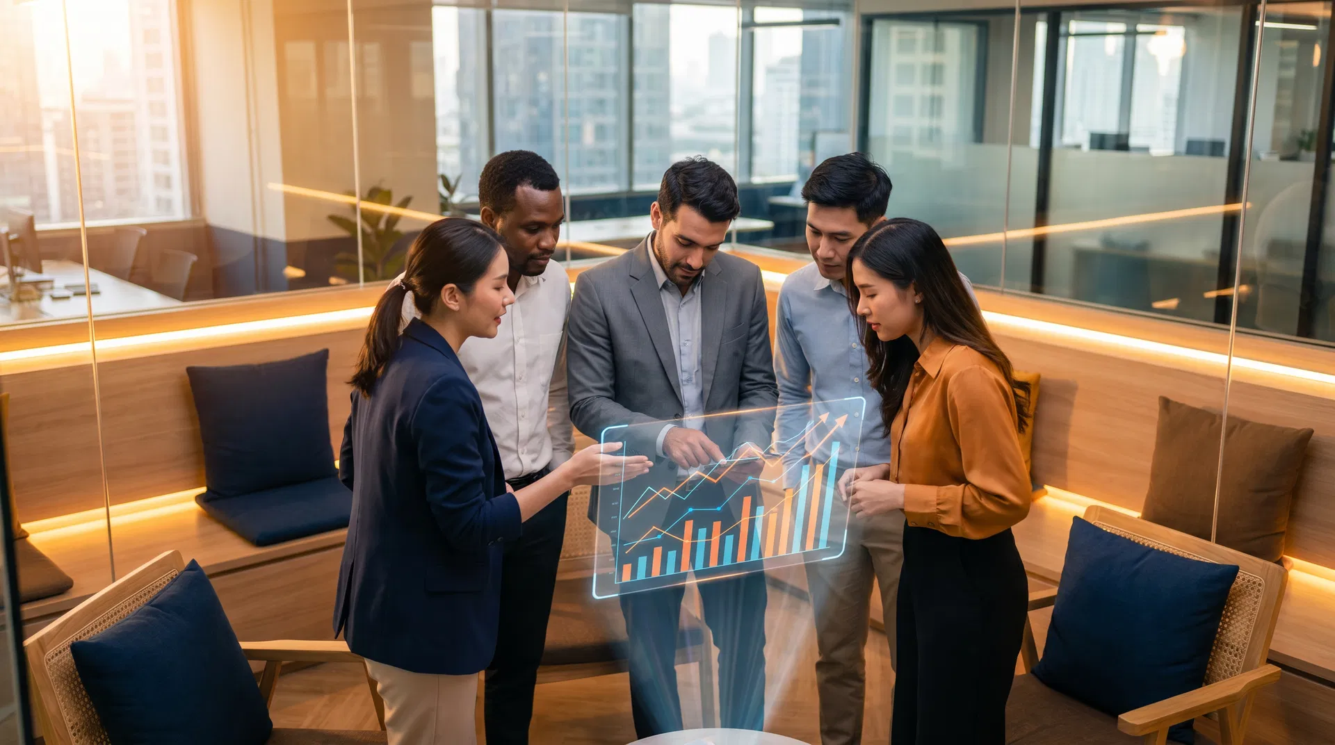 Diverse team of professionals collaborating around holographic performance dashboard in modern office with warm lighting