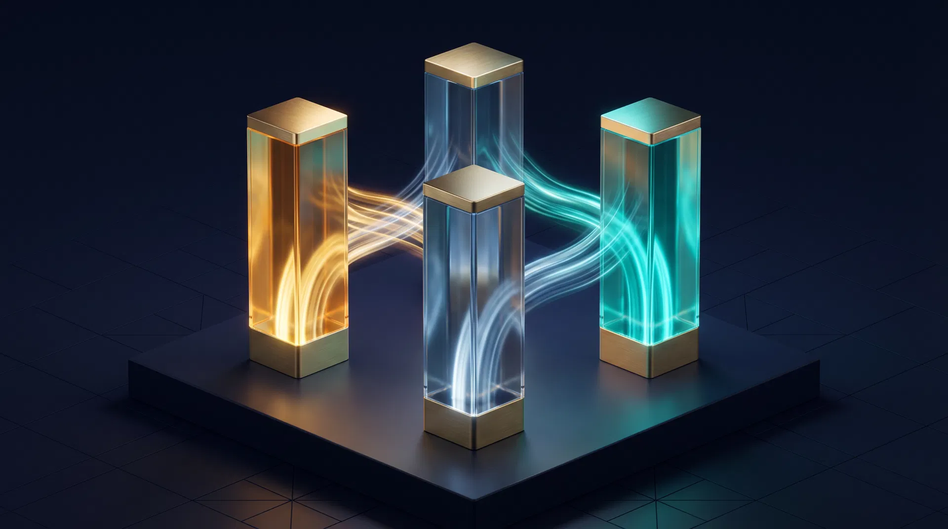 Three illuminated glass and gold pillars representing Revenue, Team, and AI connected by flowing light streams on a dark navy platform