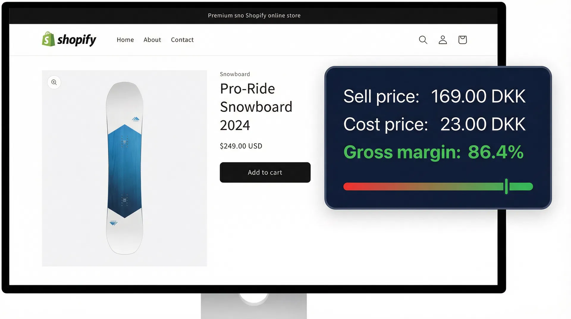 EcomXray storefront overlay showing cost price and gross margin