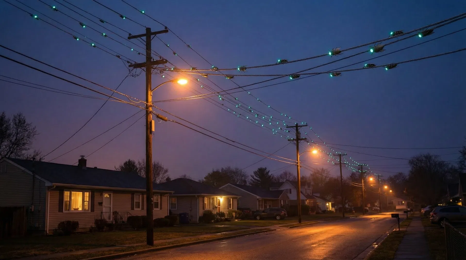 LOKI network — teal eyes glowing on power lines over a neighborhood at night