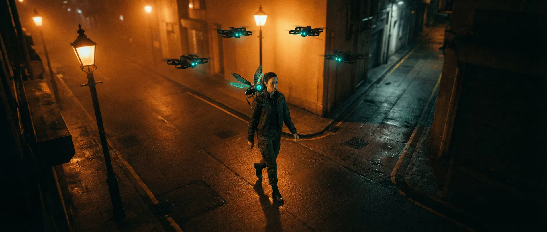 Night Watch — woman walking protected by LOKI swarm