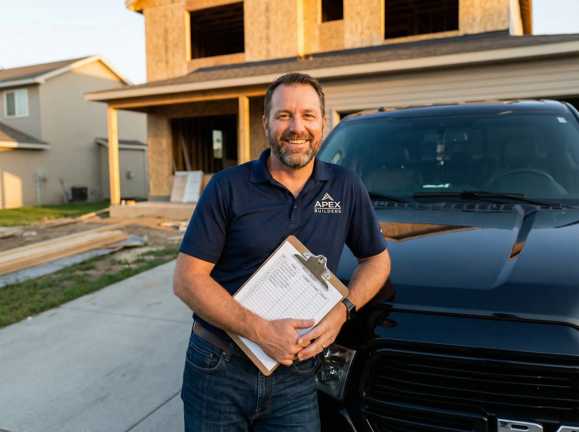 General contractor reviewing fully booked project schedule at residential home addition