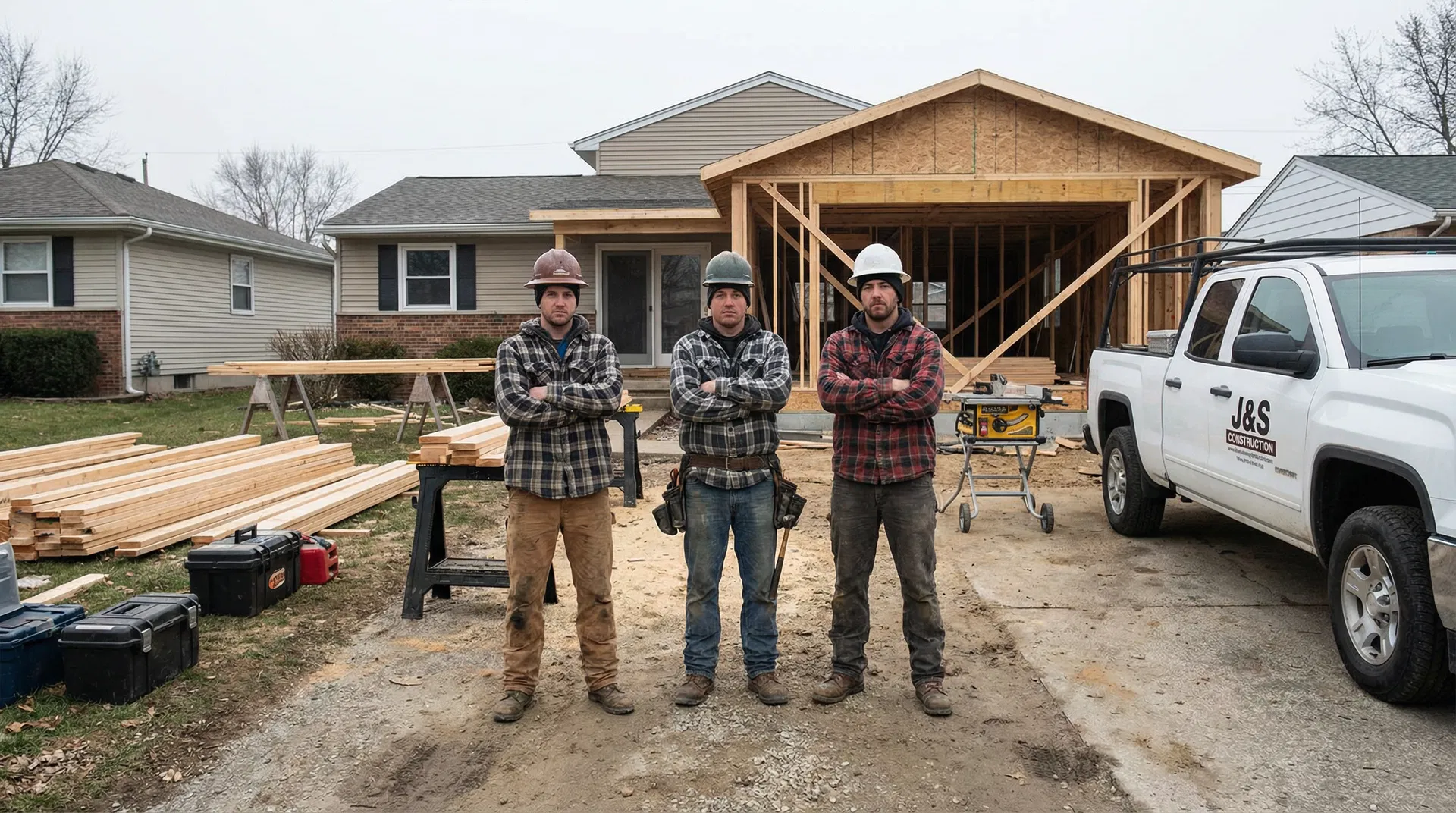 Idle construction crew at residential home addition