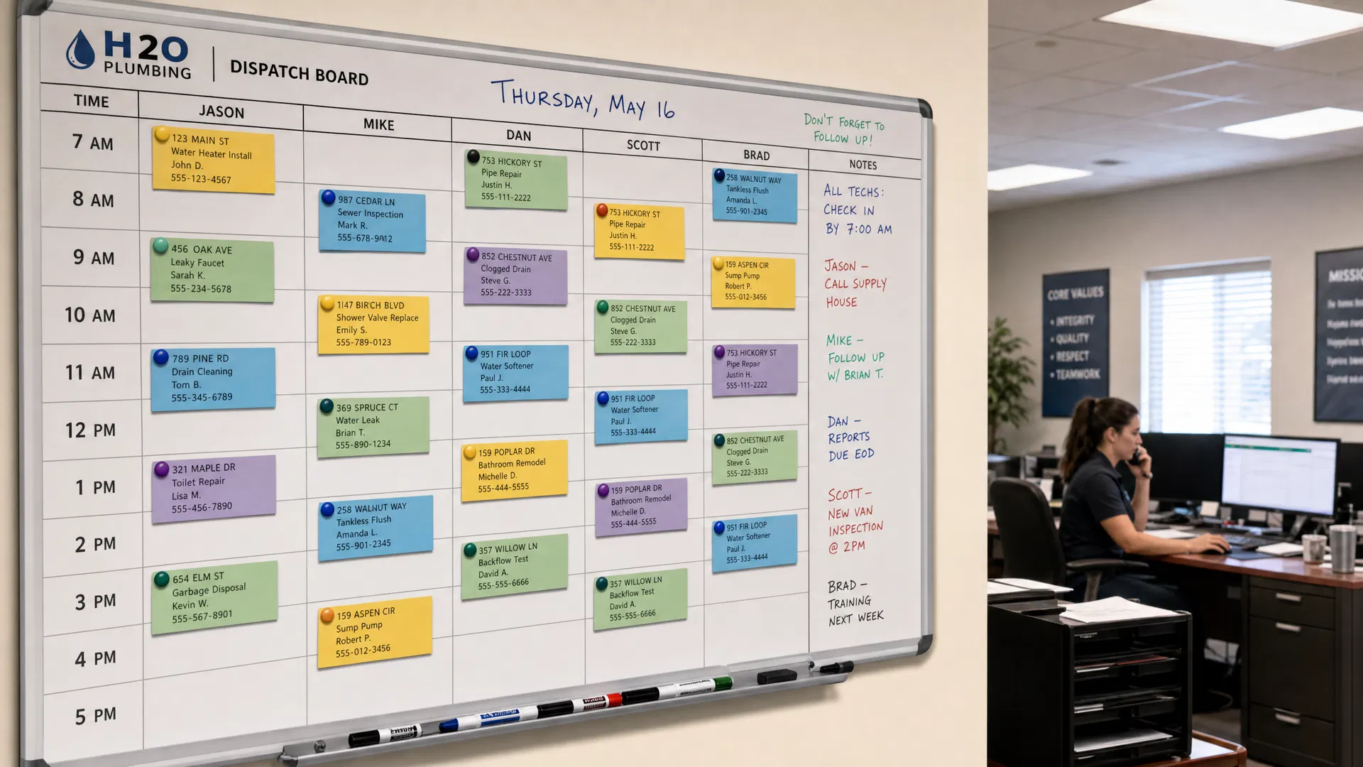 Organized plumbing company dispatch board with color-coded job cards and technician schedule — plumbing dispatch system