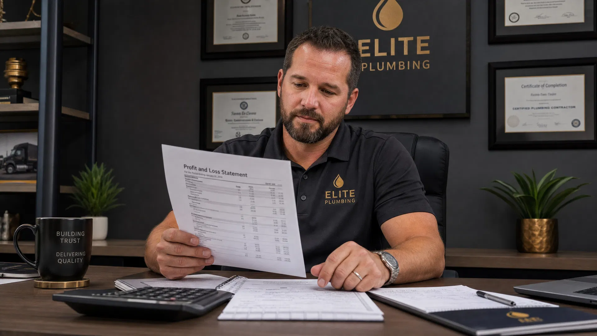 Plumbing company owner reviewing profit and loss statement — plumbing business profitability framework
