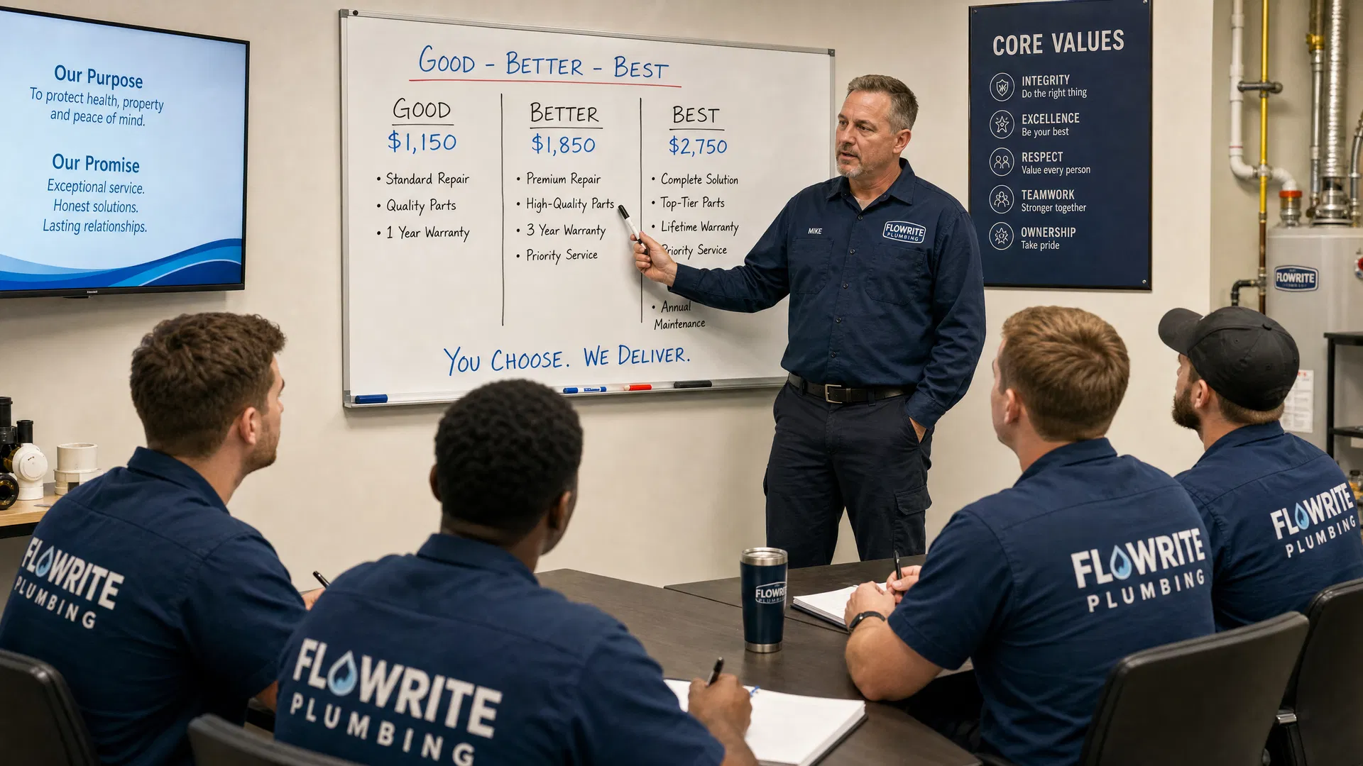 Plumbing technician sales training session with instructor showing Good-Better-Best pricing on whiteboard