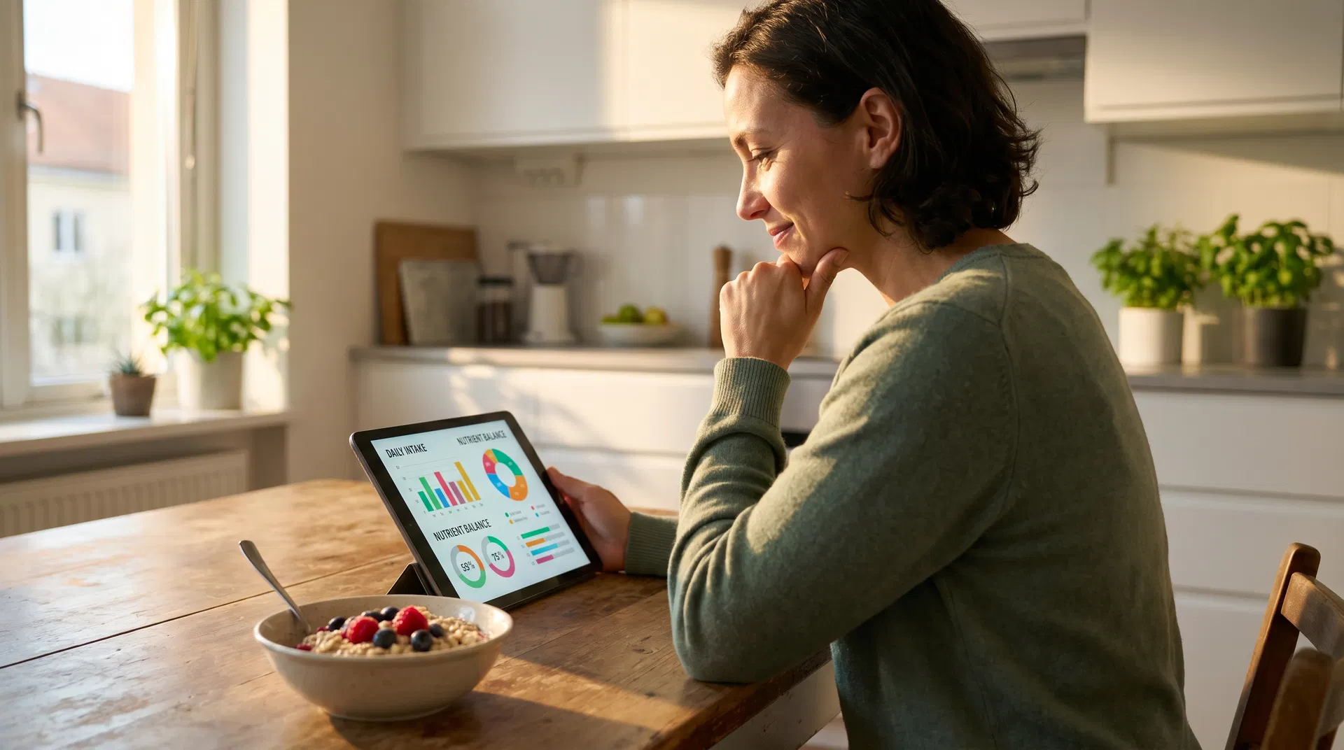 Person at kitchen table reviewing personalized nutrition data on a tablet with a bowl of food nearby