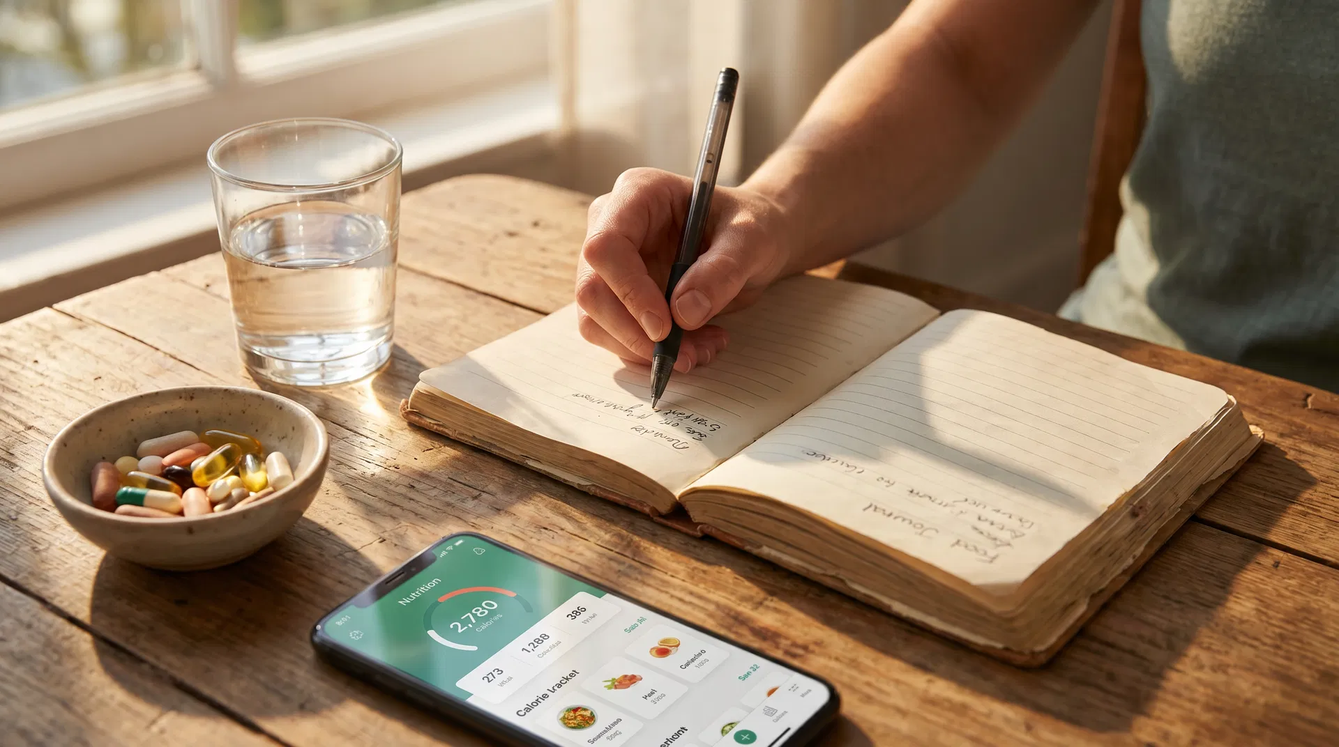 Person at kitchen table reviewing personalized nutrition data on a tablet with a bowl of food nearby