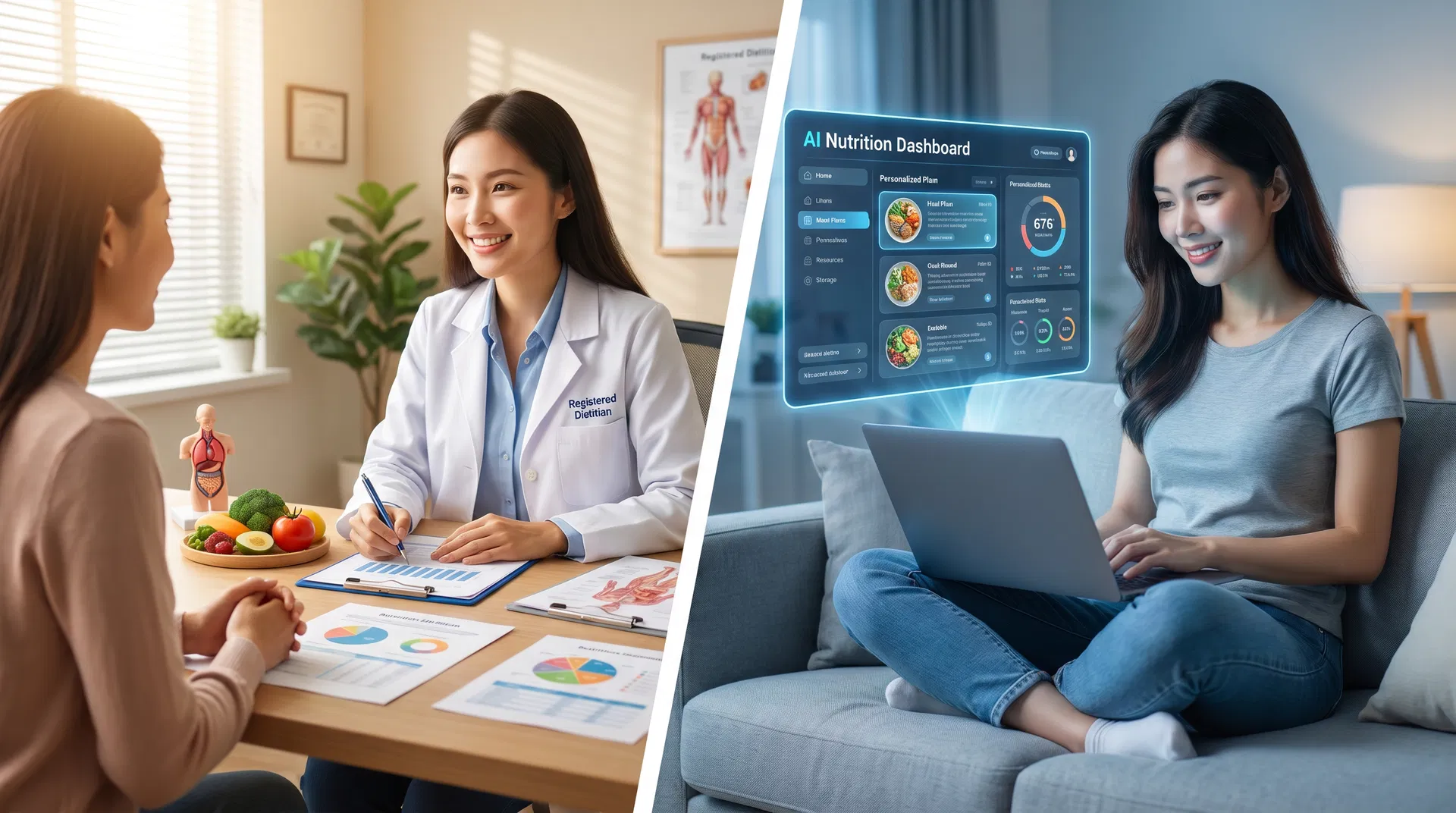 Split scene comparing a registered dietitian consultation with an AI nutrition dashboard at home