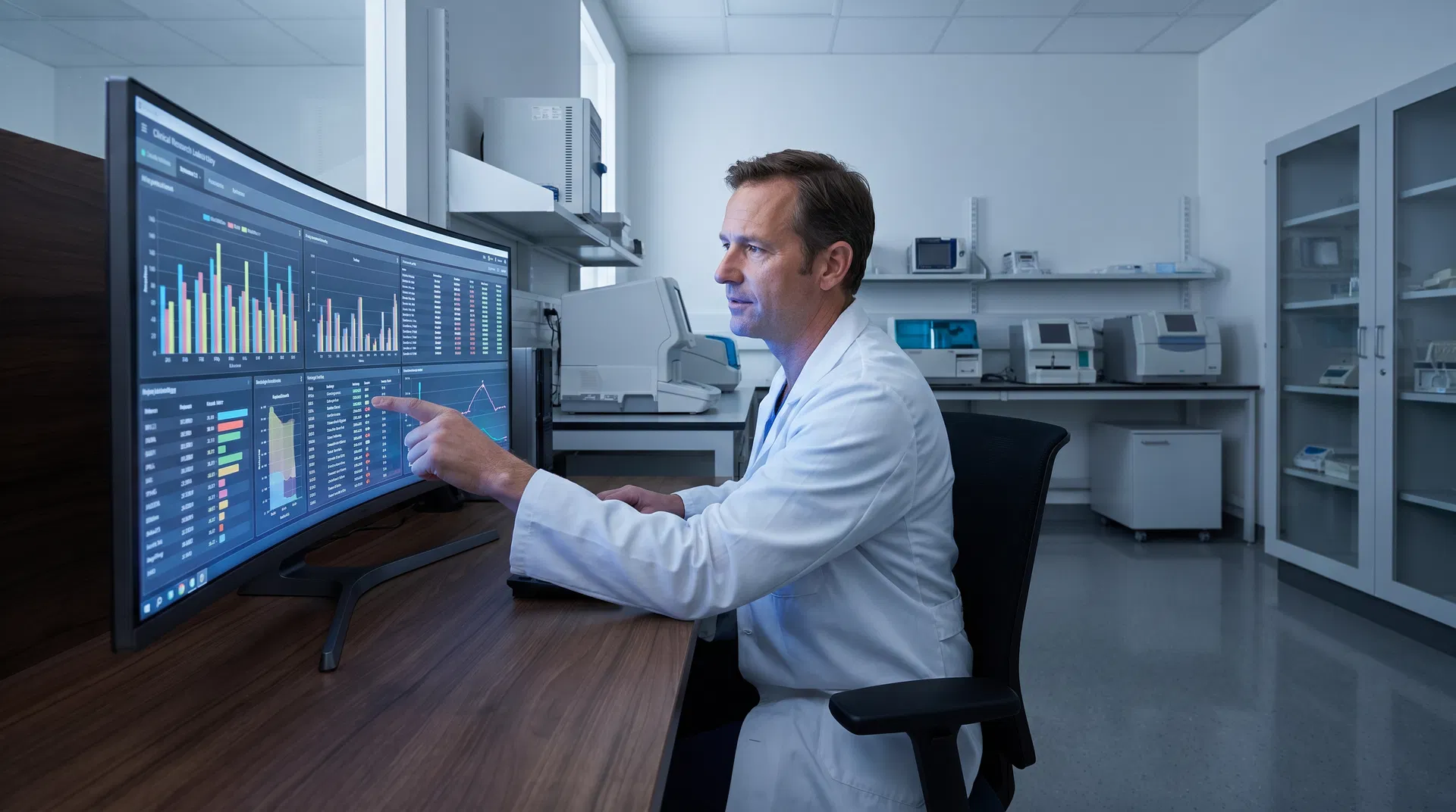 Scientist reviewing blood panel and nutrient data on a large monitor in a clinical research lab