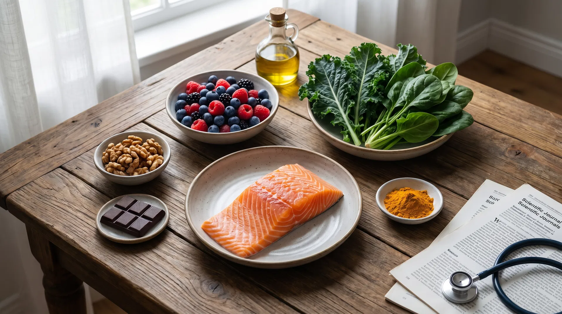 Longevity-focused meal spread with salmon, berries, leafy greens, and walnuts on a rustic table