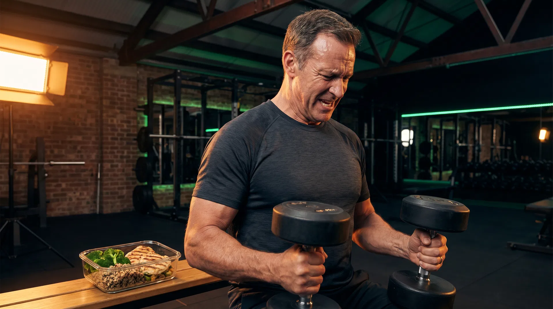 Fit man in his 50s doing dumbbell curls in a gym with a high-protein meal prep container nearby