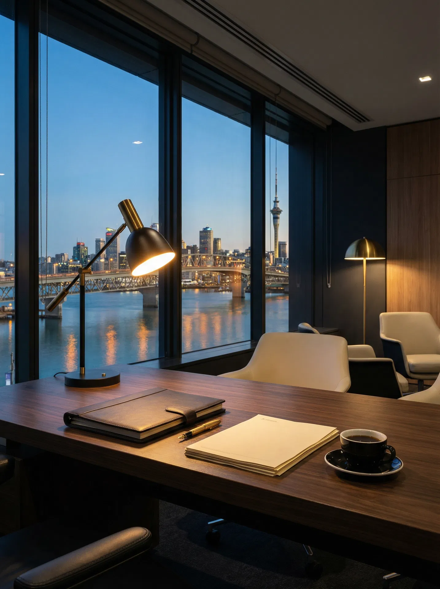 YJ Consulting executive workspace overlooking Auckland harbour