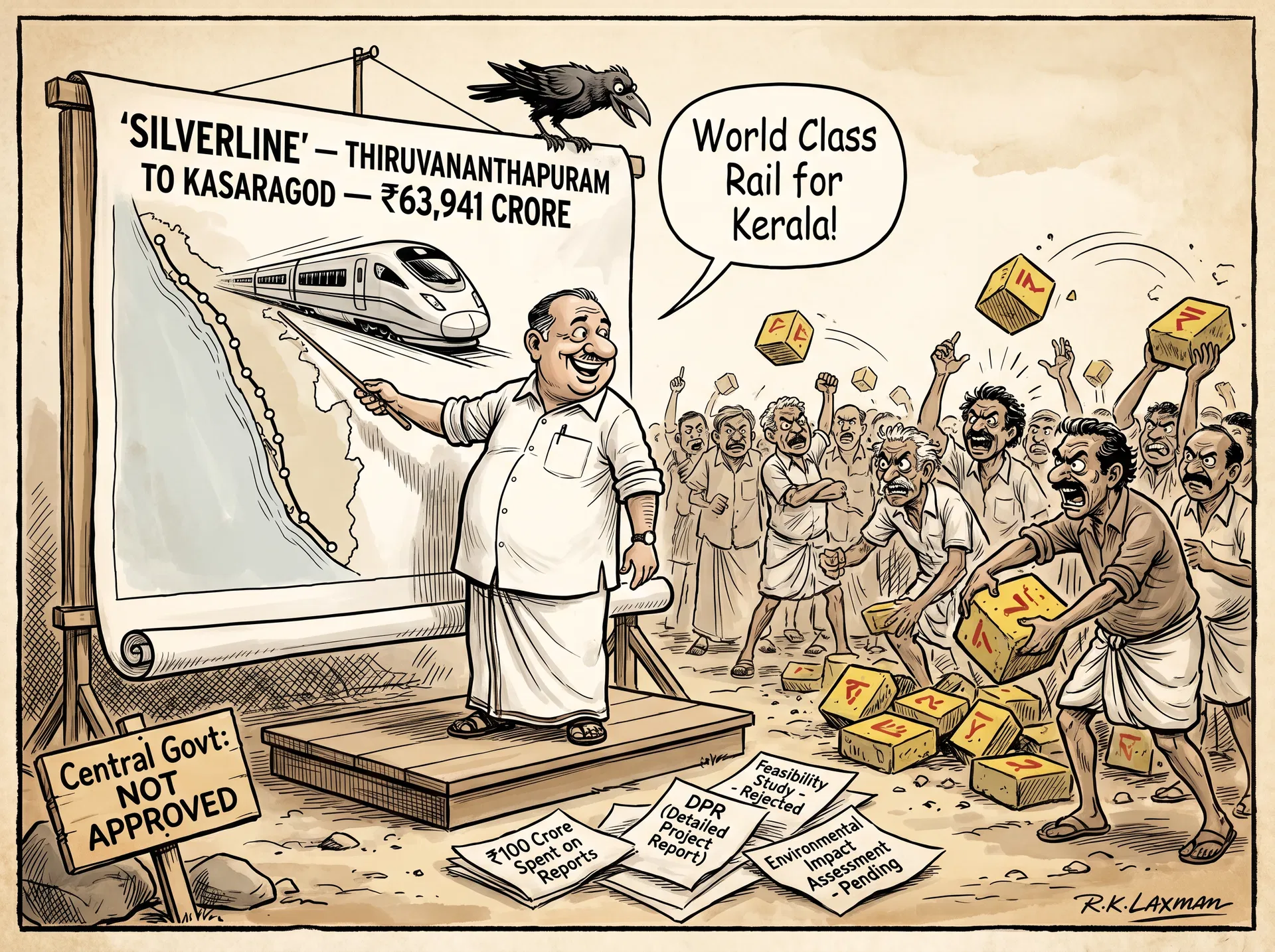 K-Rail SilverLine cartoon — ₹63,941 crore project abandoned after public protests removed survey stones