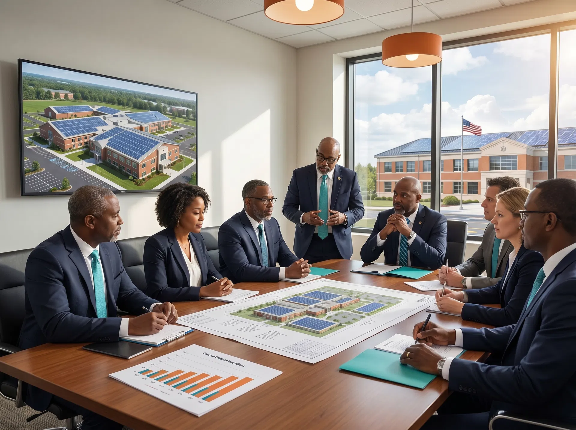 District leaders reviewing a solar plan for a school campus.