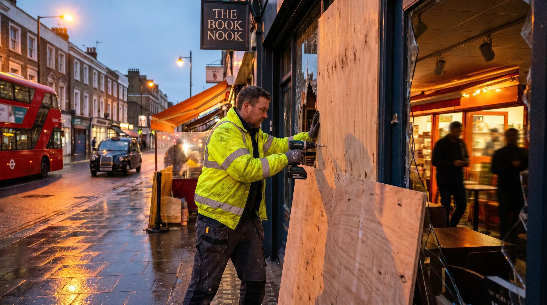 Emergency glazier boarding up a broken window in Victoria, London