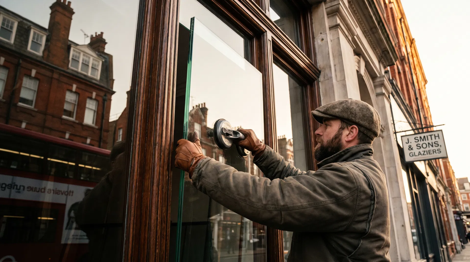 Professional glazier installing glass in Victoria, London