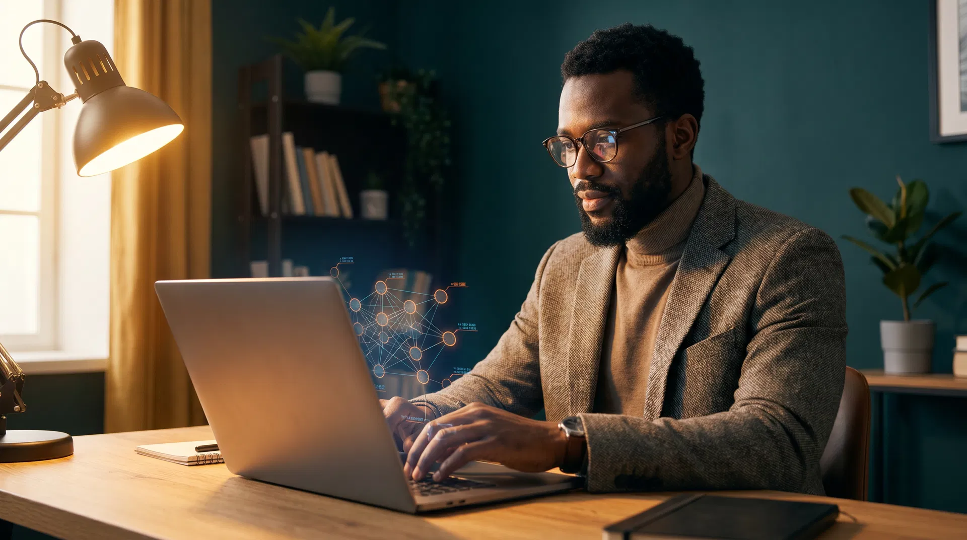 A professional working at a laptop with AI neural network visualisation
