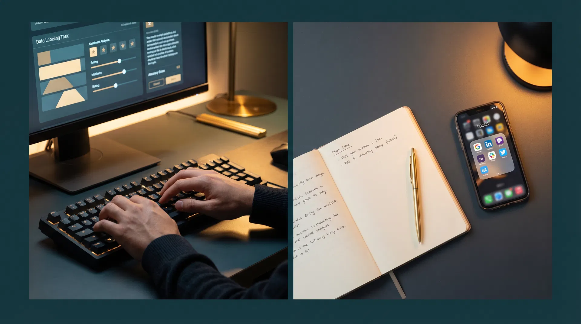 Data labeling task interface on screen alongside a notebook and phone