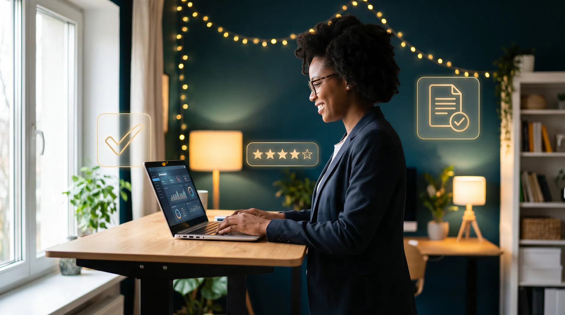 Confident professional woman at standing desk with AI task icons
