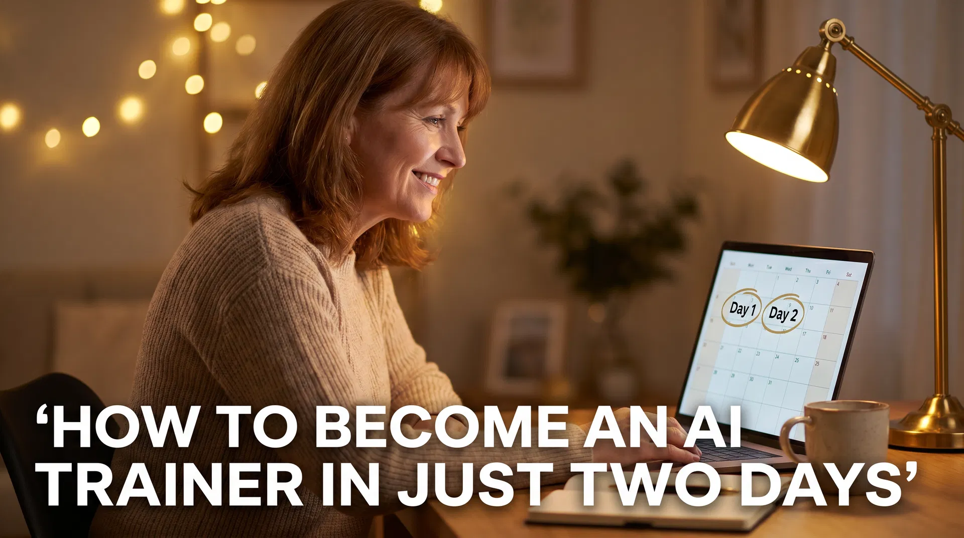 Friendly professional woman smiling at laptop showing a calendar with Day 1 and Day 2 circled