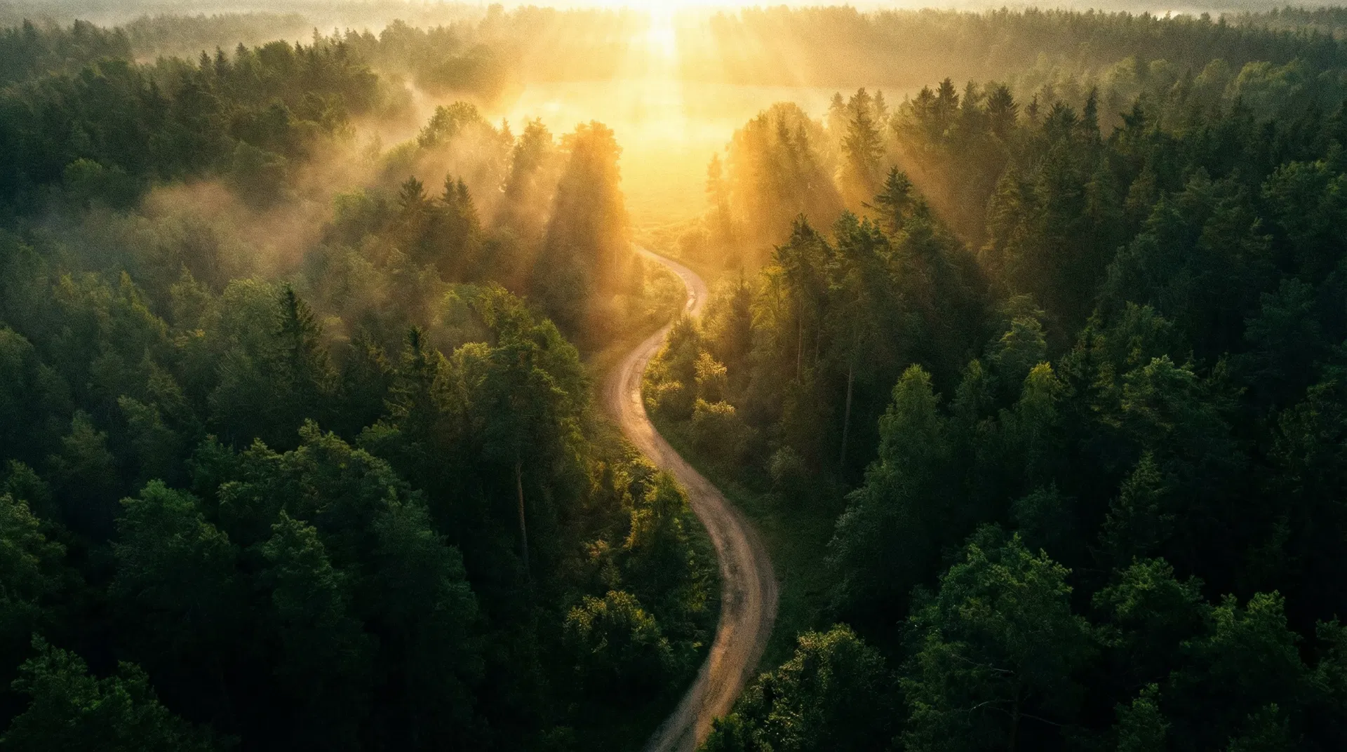 A winding path through a forest toward golden light