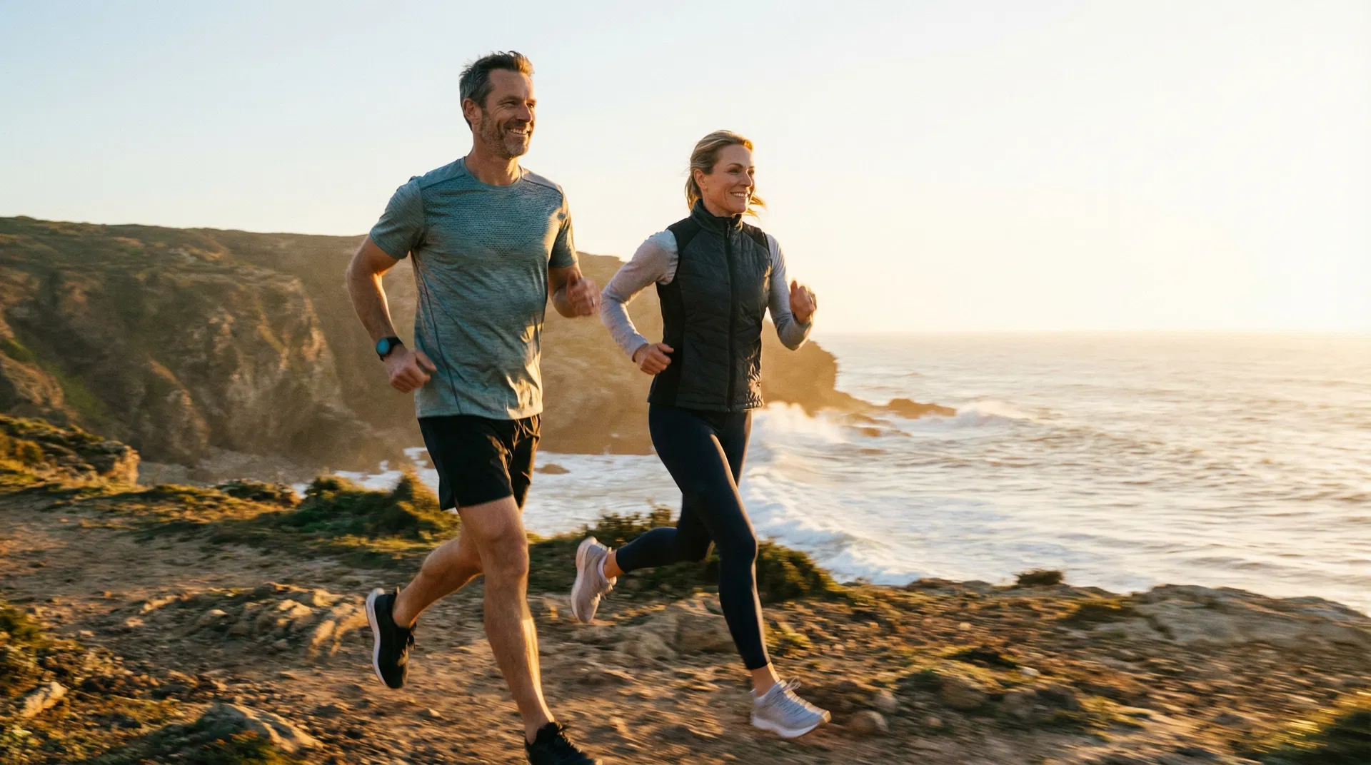 Active couple jogging on coastal path at sunrise