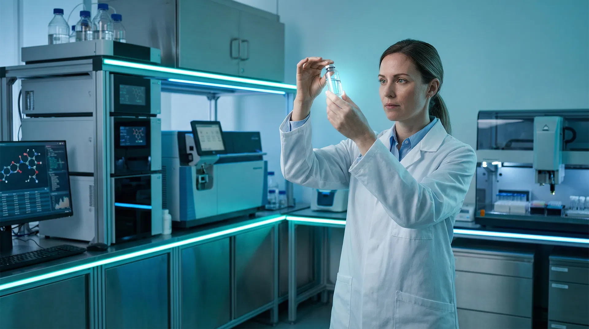 Scientist examining peptide solution in modern laboratory