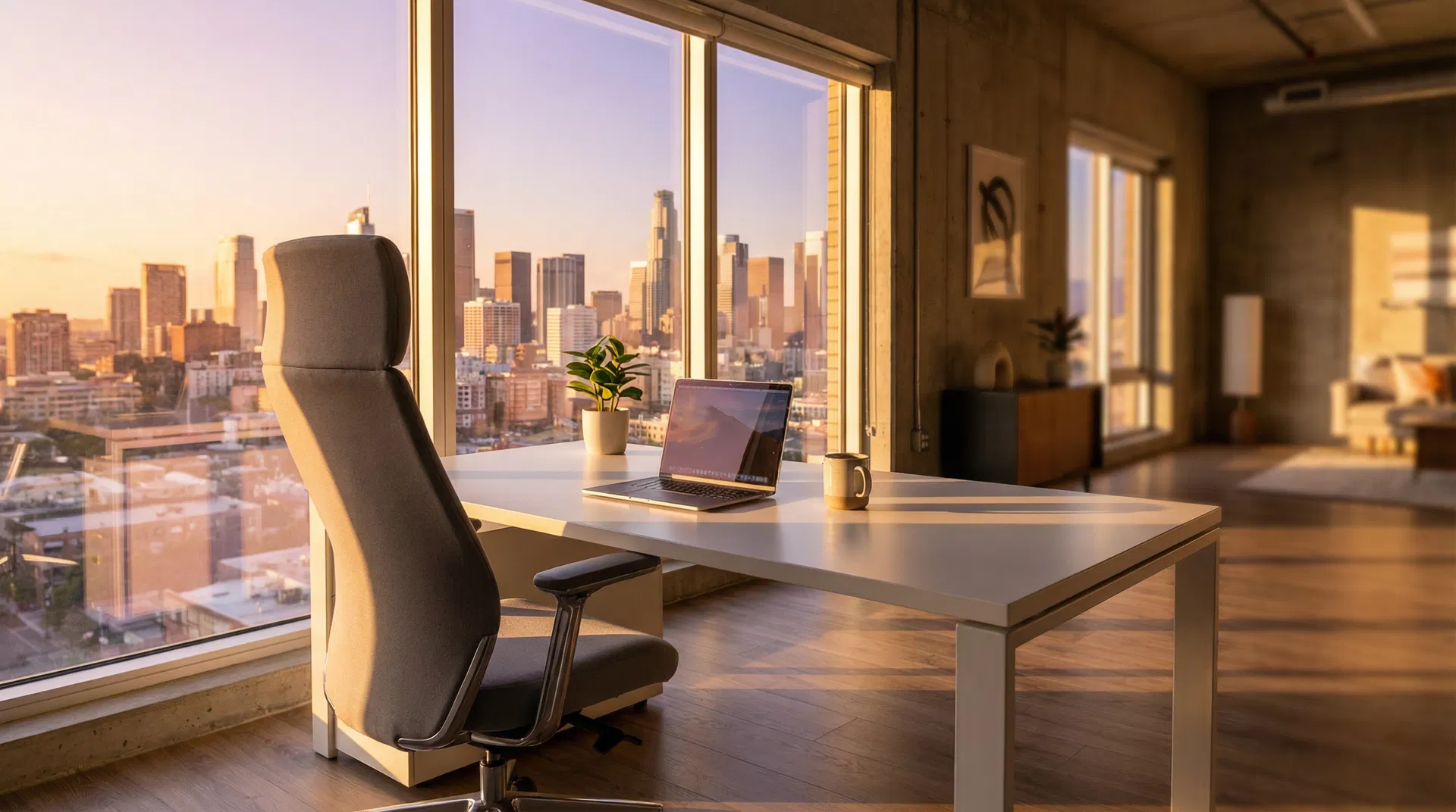 Modern office workspace with ergonomic chair and city view