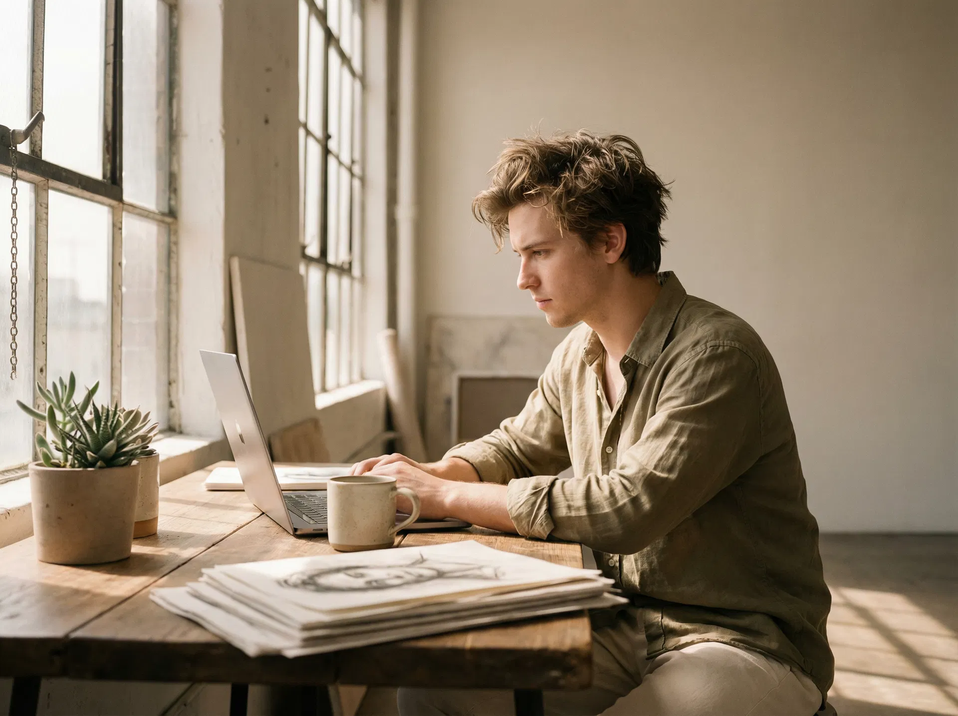Creative professional working at a desk with natural light
