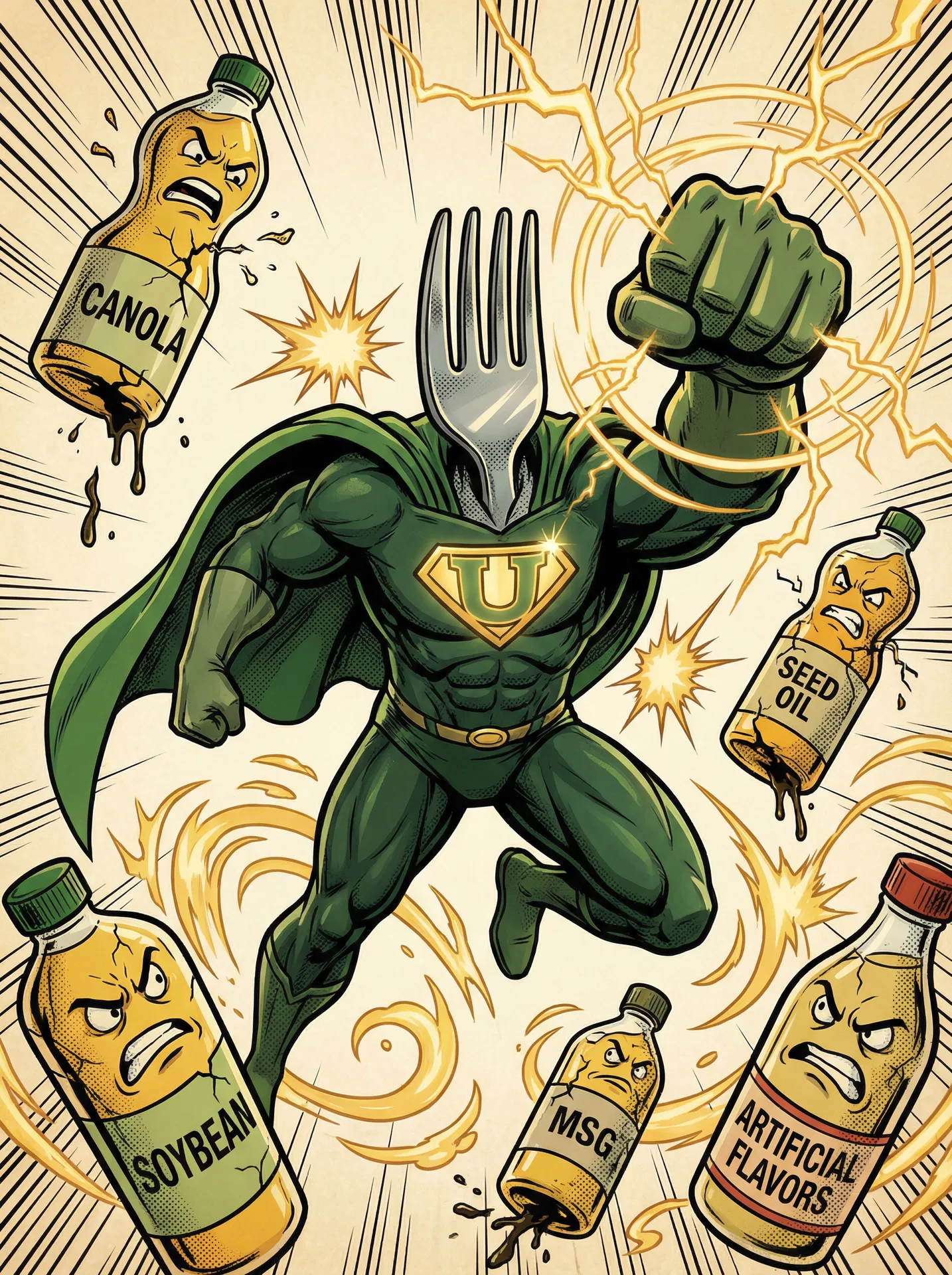 Fork superhero fighting seed oil villains