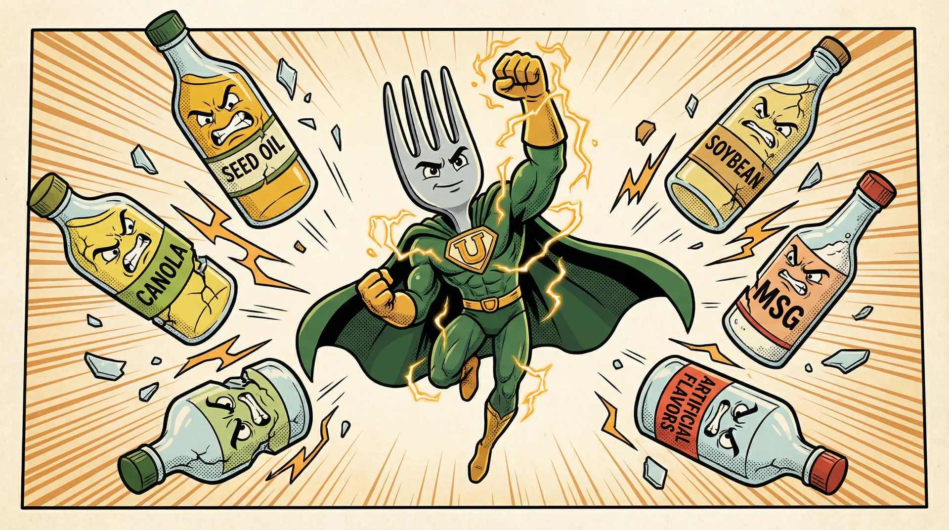 Fork superhero fighting seed oil villains