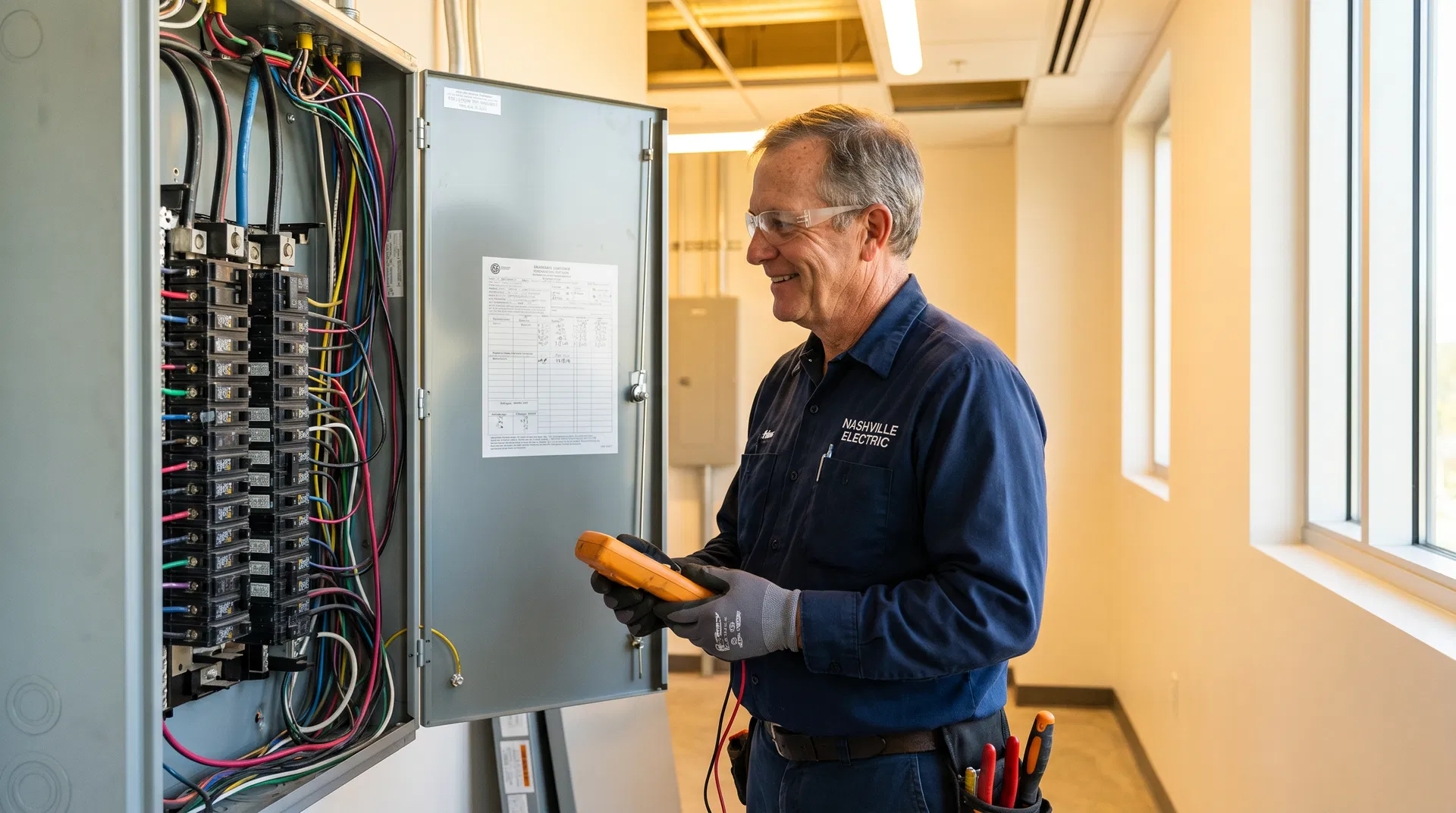 Professional electrician working on electrical panel in Nashville home