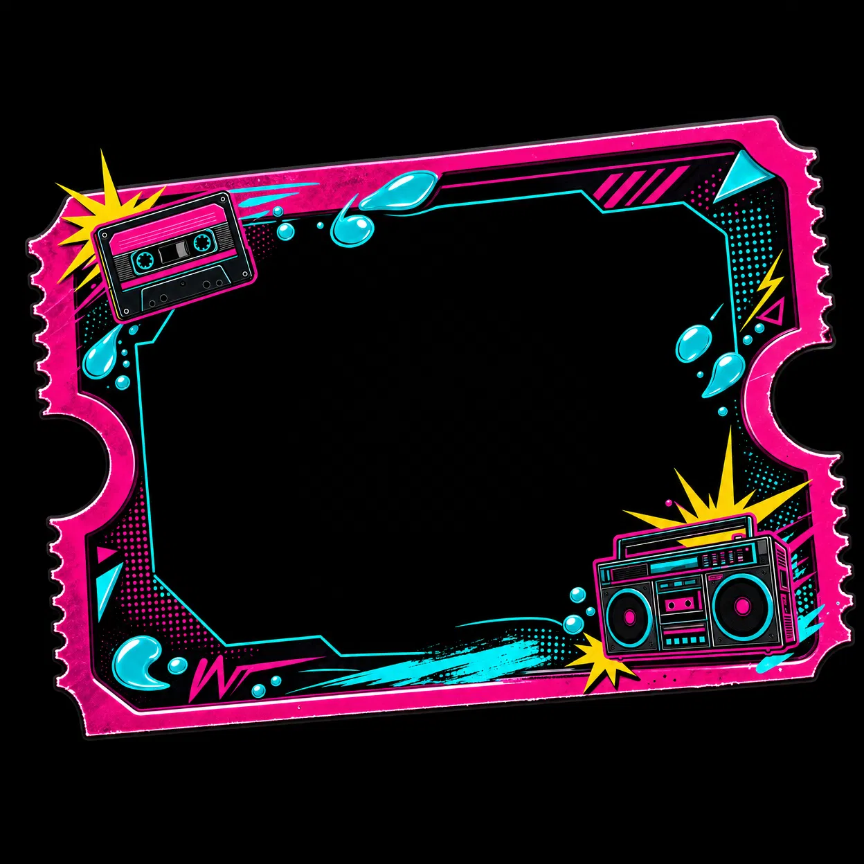 Neon ticket-stub frame graphic