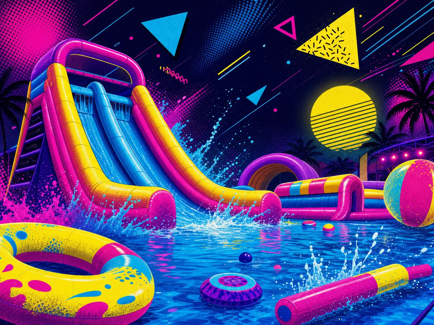 Neon 90s illustration of a giant water slide and splash zone