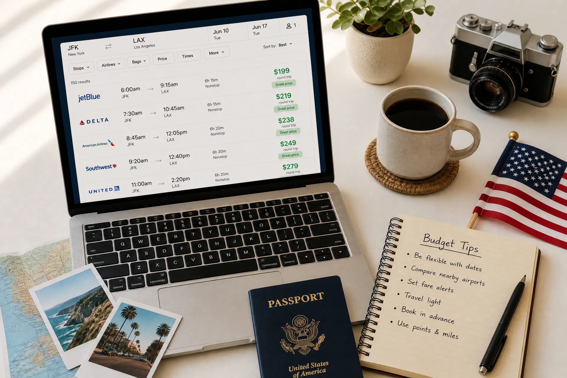 Laptop showing cheap flight search results with a US passport and budget travel tips notepad on a desk