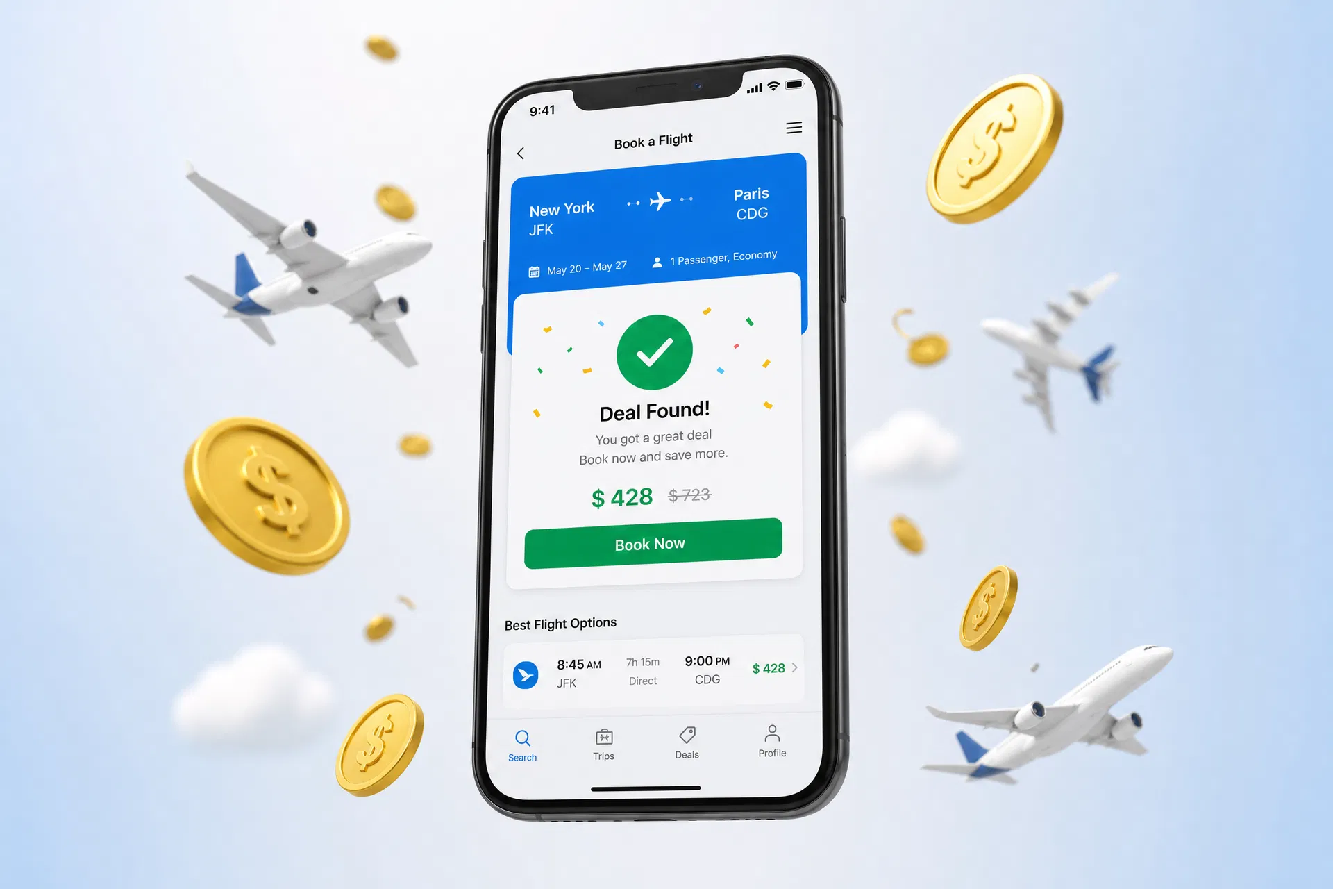 Smartphone displaying a flight deal found notification surrounded by floating coins and airplane icons