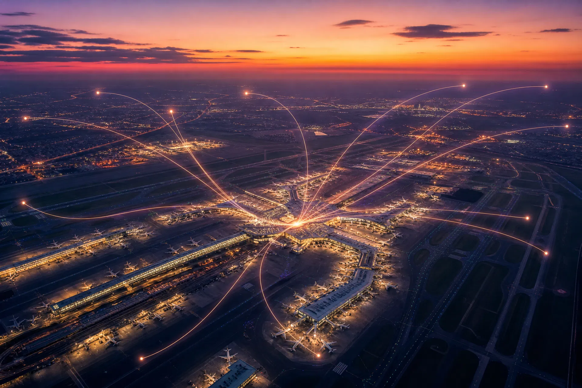 Aerial view of an airport hub at twilight with glowing flight route lines connecting to multiple cities