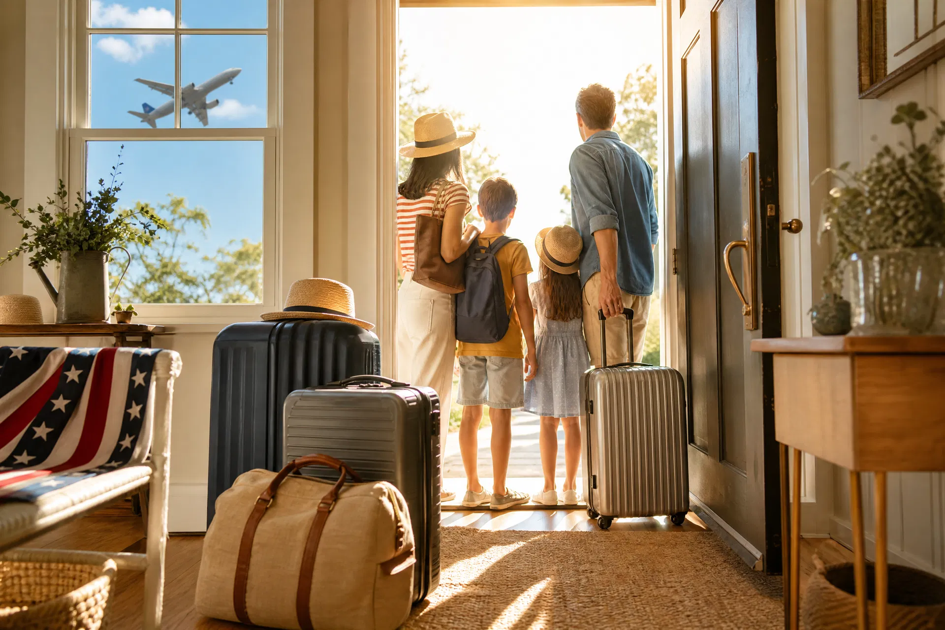 Family with packed suitcases at their front door watching an airplane fly overhead on a sunny summer day
