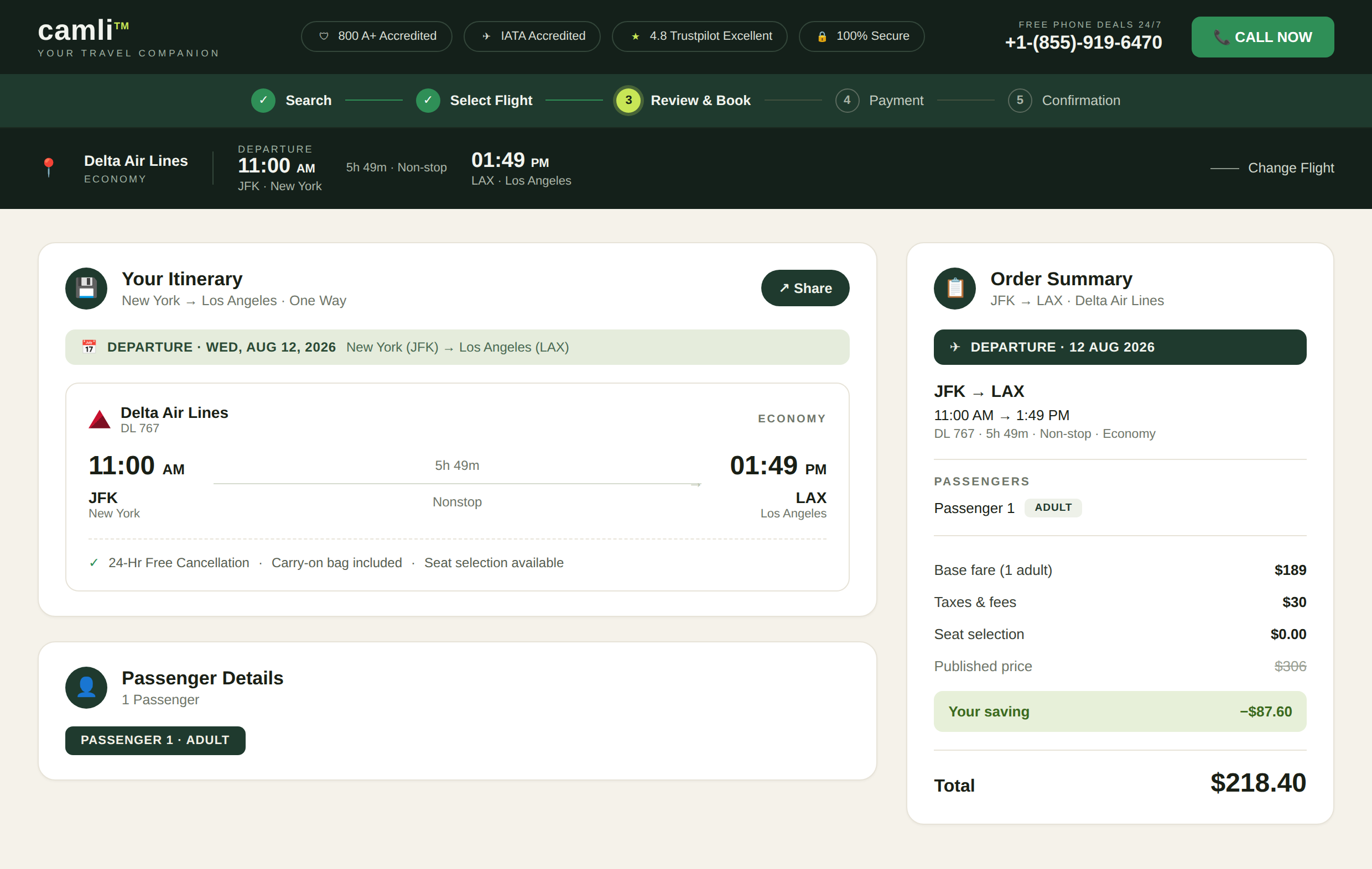 Example of a Camli booking summary showing how base fare, taxes, and fees combine into the final ticket price for a JFK to LAX flight