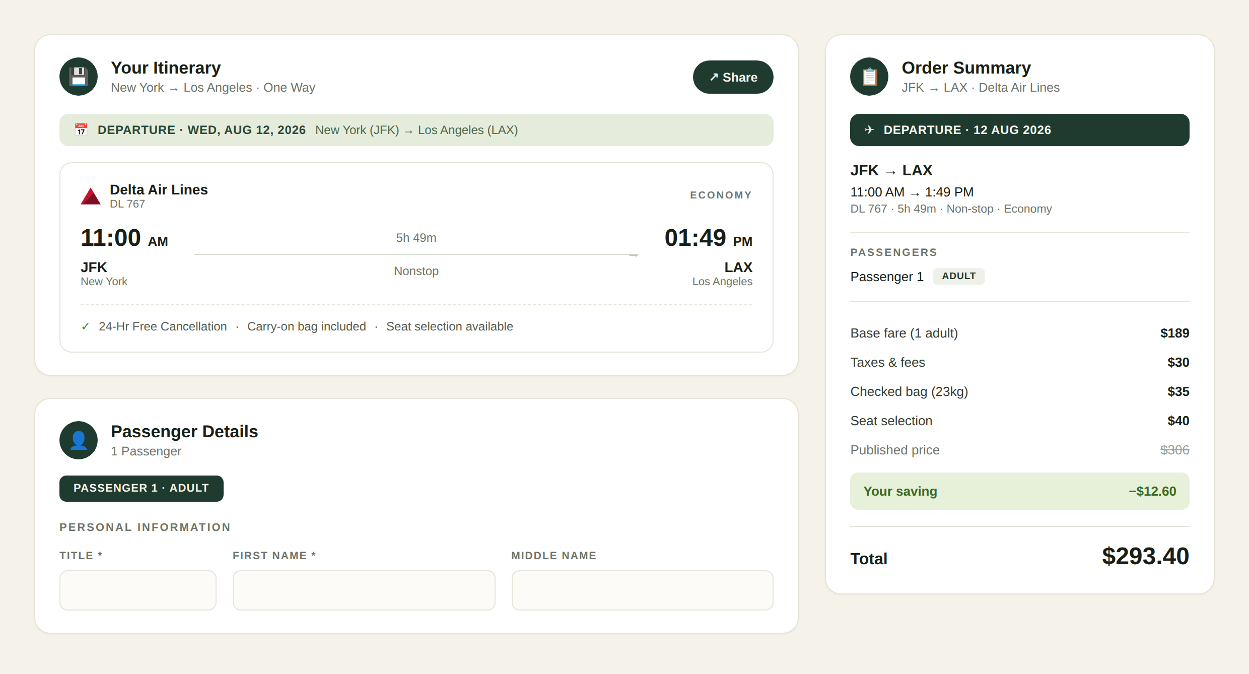 Camli booking example showing how add-ons like a checked bag and seat selection raise the total ticket price above the base fare
