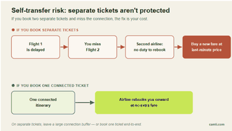 Flowchart comparing separate tickets versus one connected ticket: miss a connection on separate tickets and you buy a new fare; on one itinerary the airline rebooks you free