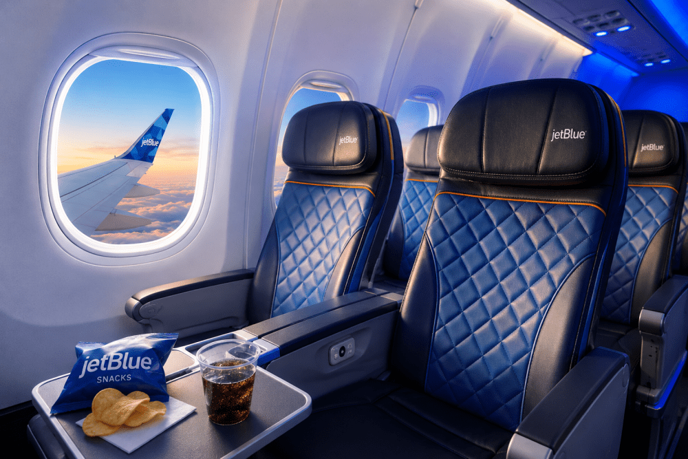 JetBlue premium aircraft cabin with blue seats, onboard snacks and a sunrise view from the window.
