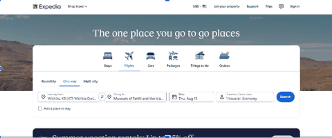 Expedia flight search page showing a one-way booking form from Wichita to Mo’orea with travel date and passenger details.