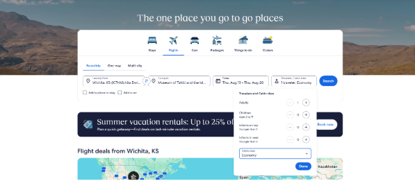 Expedia flight search page showing a Wichita departure, destination and date fields, traveler and cabin-class options, and available flight deals below.