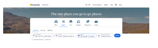 Expedia flight booking page showing a round-trip search from New York to London with travel dates, passenger details, and economy cabin selected.